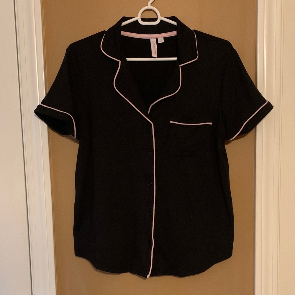 Black Button-Up Women's Pajama Top with Pink Trim